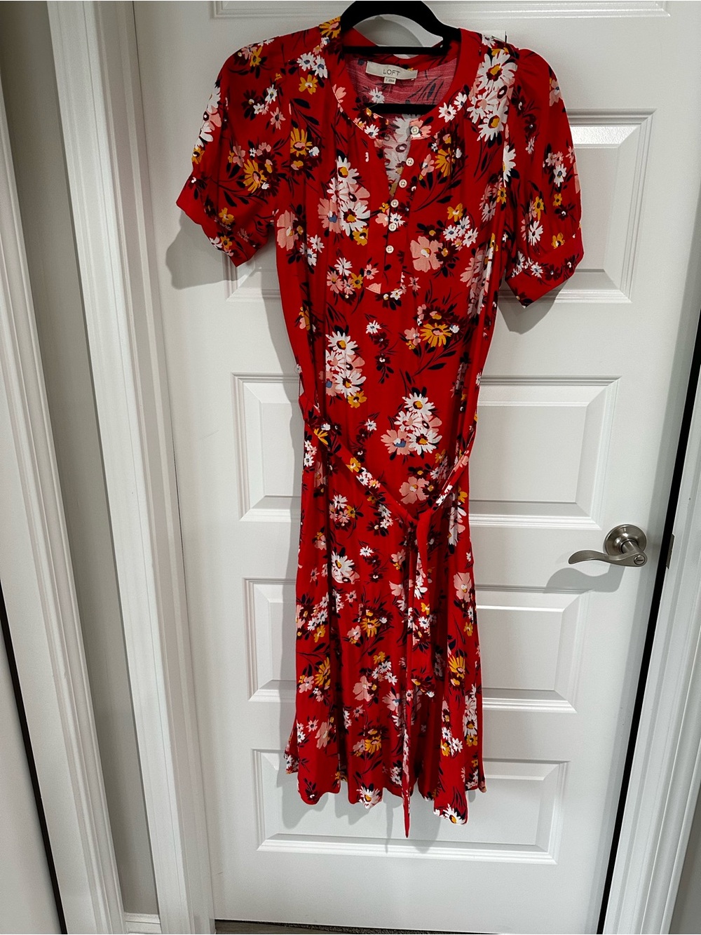 LOFT Red Floral Tie-Waist Midi Dress with Puff Sleeves, Size 2